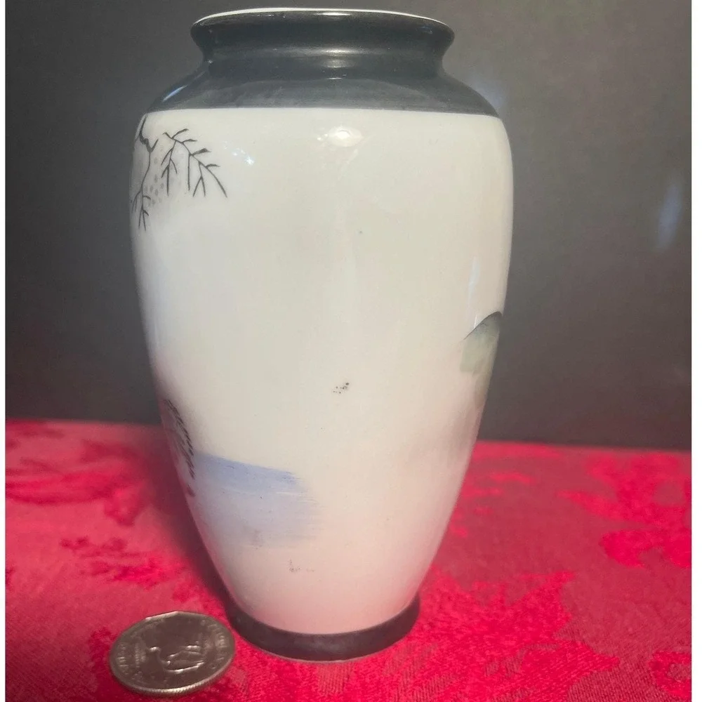 Vintage Japanese Hand Painted Porcelain Vase Pagoda and Bridge and Mountains